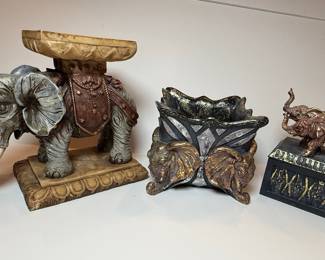 Ornate Elephant Pedestal, Planter, and Trinket Box Set
