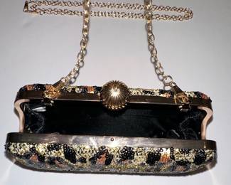Leopard Print Beaded Clutch Style Handbag