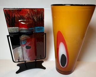 Mid-Century Modern Style Art Glass Vase with Fused Glass Plaque