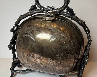 Victorian Style Silver Plated Biscuit Barrel with Branch Handle