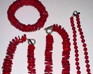 Red Coral Branch and Disc Bead Jewelry Set