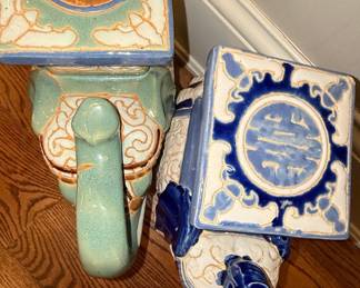 Pair of Vintage Chinoiserie Ceramic Elephant Plant Stands