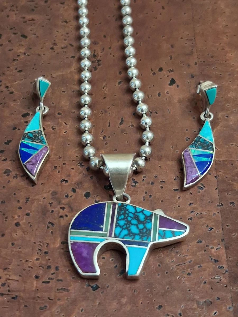 Navajo Silver with multi-stone inlay by artist Charles Willie (Bear pendant is reversible)