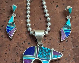 Navajo Silver with multi-stone inlay by artist Charles Willie (Bear pendant is reversible)