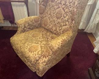 Queen Anne Style Wingback Chair with Floral Damask Upholstery