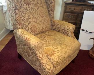 Queen Anne Style Wingback Chair with Floral Damask Upholstery