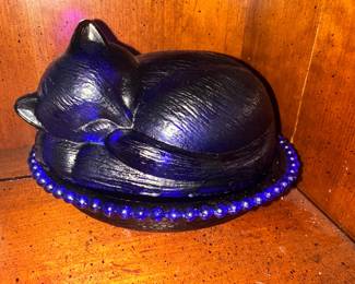Mosser Glass Style Cobalt Blue Sleeping Cat Covered Dish