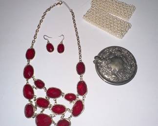Costume Jewelry Set with Red Faceted Stones and Engraved Compact Mirror
