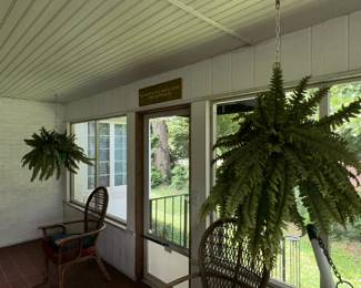 Wicker Style Patio Chair and Artificial Hanging Ferns