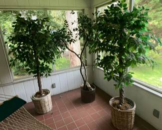 Wicker Style Patio Chair and Artificial Hanging Ferns