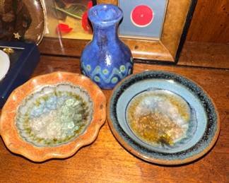 Studio Pottery Style Vase and Dishes with Fused Glass