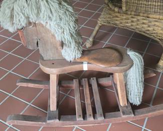 Vintage Wooden Rocking Horse with Yarn Mane and Leather Seat