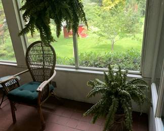 Wicker Style Patio Chair and Artificial Hanging Ferns
