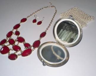 Costume Jewelry Set with Red Faceted Stones and Engraved Compact Mirror