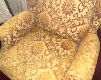 Queen Anne Style Wingback Chair with Floral Damask Upholstery
