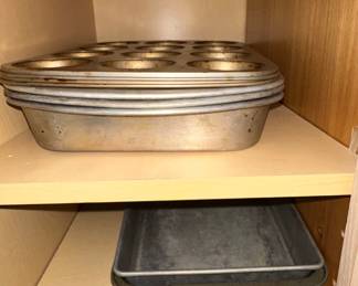 Assorted Vintage Metal Bakeware Including Muffin Tins and Baking Sheets