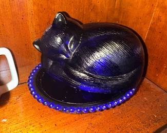 Mosser Glass Style Cobalt Blue Sleeping Cat Covered Dish