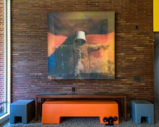 "Redemption III" by Carol Coates, bench and stools by Bruno Rinaldi