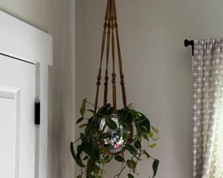 disco ball w/plant & macramé hanger $45