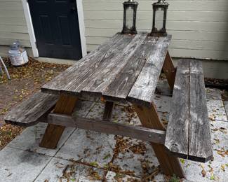 outdoor picnic table $50 OBO & antique gold metal lantern $15 each