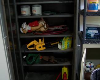 CHAIN SAW & MISC. IN METAL CABINET