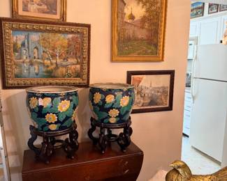 Pair of Chinese Planters on Stands; Russian Art Signed