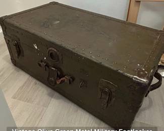 Vintage Olive Green Metal Military Footlocker