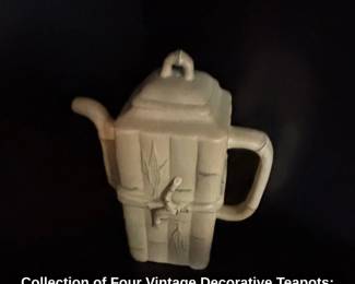 Collection of Four Vintage Decorative Teapots Kelvin Chen, Musical Frog, Yixingstyle Buddha, and Bamboo Relief fourth image