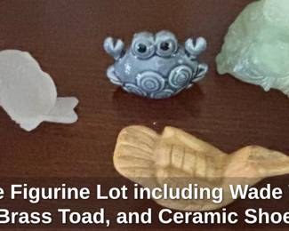 Decorative Figurine Lot including Wade Whimsies, Brass Toad, and Ceramic Shoe