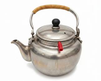 Vintage Aluminum Tea Kettle with Woven Handle and Red Accent