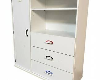 Modern White Utility Storage Cabinet with MultiColored Handles