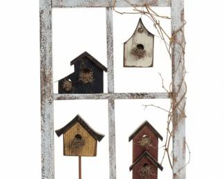 Rustic Farmhouse Window Frame with Four Miniature Birdhouses Wall Decor