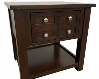 Dark Wood End Table with Two Drawers and Open Shelf