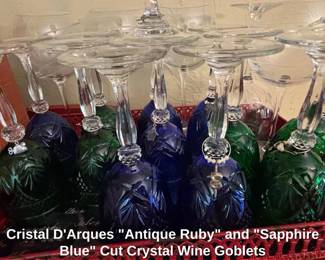 Cristal DArques Antique Ruby and Sapphire Blue Cut Crystal Wine Goblets