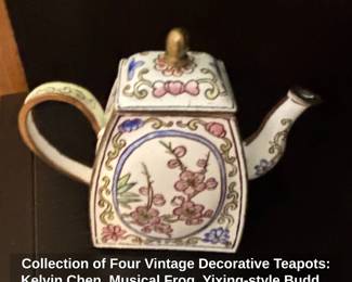 Collection of Four Vintage Decorative Teapots Kelvin Chen, Musical Frog, Yixingstyle Buddha, and Bamboo Relief third image