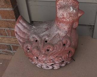 Vintage Terracotta Pierced Hen Garden Statue with Moss Patina