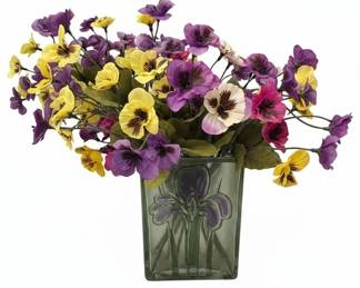 Artificial Pansy Arrangement in Embossed Square Glass Vase