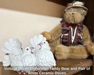 Vintage Plush Fisherman Teddy Bear and Pair of White Ceramic Doves