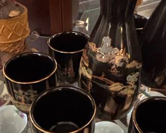 Vintage Japanese Black Lacquerware Sake Set with Gold Landscape Motifs
