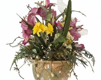 Artificial Mixed Floral Arrangement in Glazed Ceramic Pot