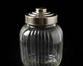 Vintage Ribbed Glass Canister with Metal Lid