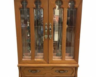 Vintage Gunther Mele Wooden Jewelry Armoire with Etched Glass Doors