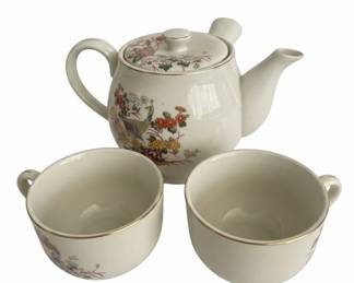 Vintage Japanese Porcelain Teapot with Wicker Handle and Cups