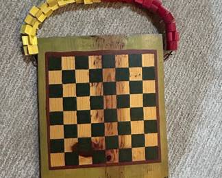 Handmade Folk Art Wooden Checkerboard Wall Hanging with Abacus Beads and Heart Cutout