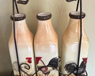 Rooster Motif Ceramic Cruet Set with Metal Caddy