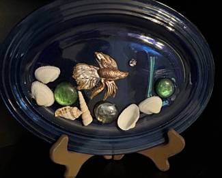 Cobalt Blue Decorative Oval Platter with Applied Fish and Shells