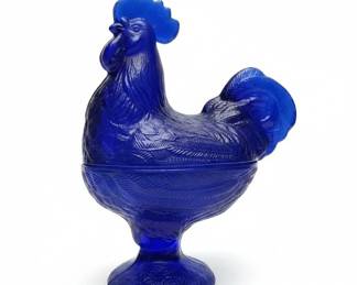 Vintage Cobalt Blue Glass Hen on Nest Covered Dish