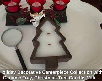 Holiday Decorative Centerpiece Collection with Ceramic Tray, Christmas Tree Candle, Votive Holder, and Magnifying Glass