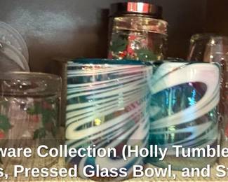 Kitchenware Collection Holly Tumblers, Swirl Tumblers, Pressed Glass Bowl, and Stoneware Crock