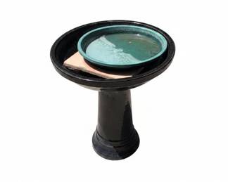 Black Glazed Ceramic Pedestal Bird Bath with Teal Insert